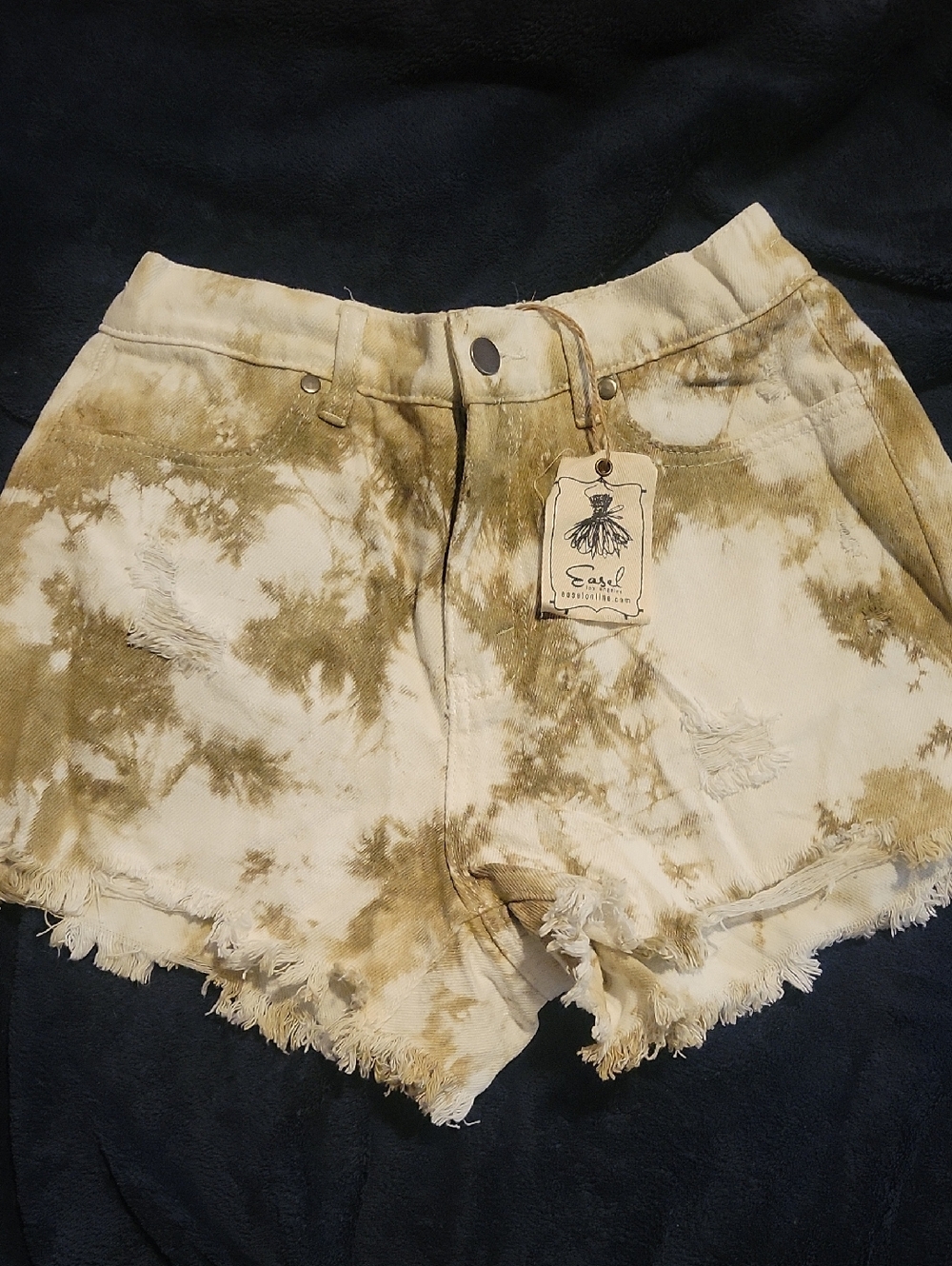easel Olive Tie-Dye High-Waist Frayed Hem Denim Shorts